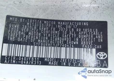 2018 Toyota Corolla Le z USA, uszkodzony, nr VIN 5YFBURHE1JP740424